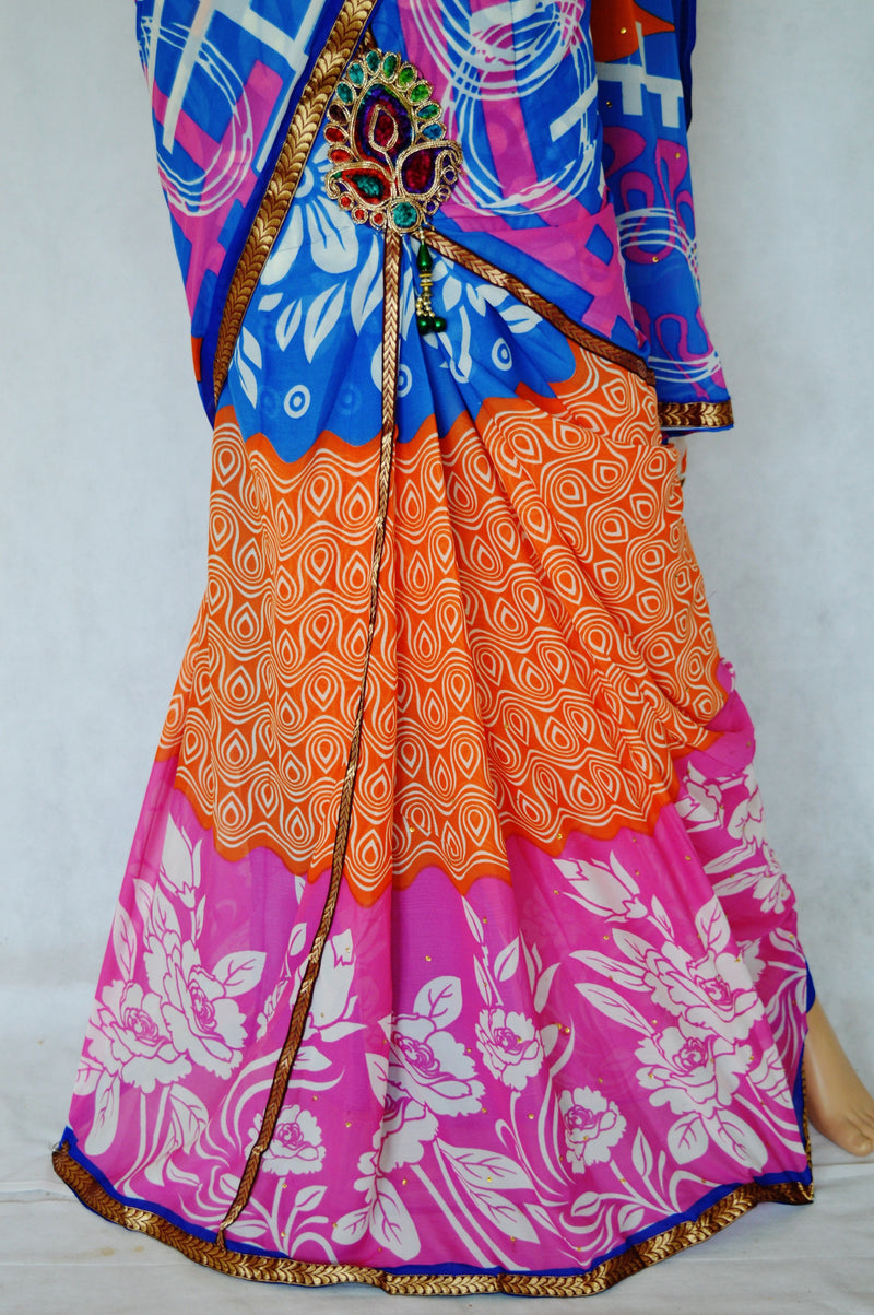 Blue, Orange & Pink Colour Ready Made Pleats Saree