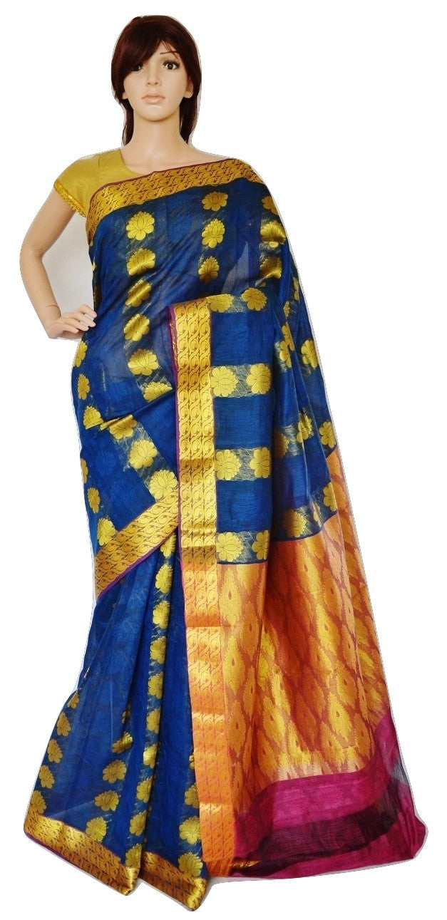 Blue,Pink & Gold Colour Kanchipuram Silk Saree