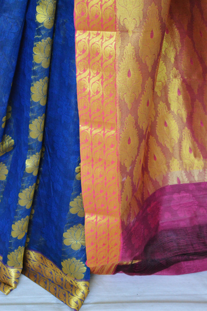 Blue,Pink & Gold Colour Kanchipuram Silk Saree