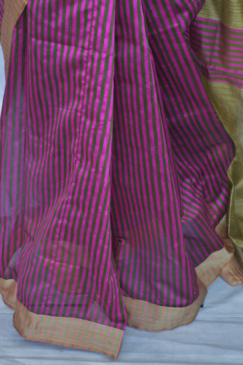 Pink,Khaki & Gold Cotton Saree With  Blouse Piece