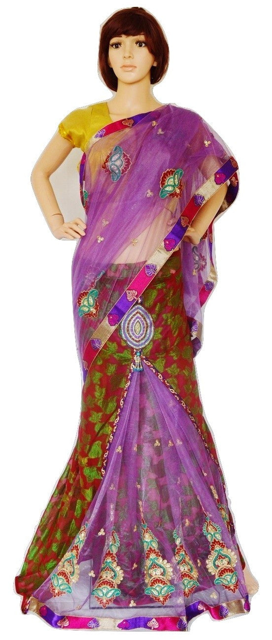 Purple, Green & Maroon Colour Ready Made Pleats Saree