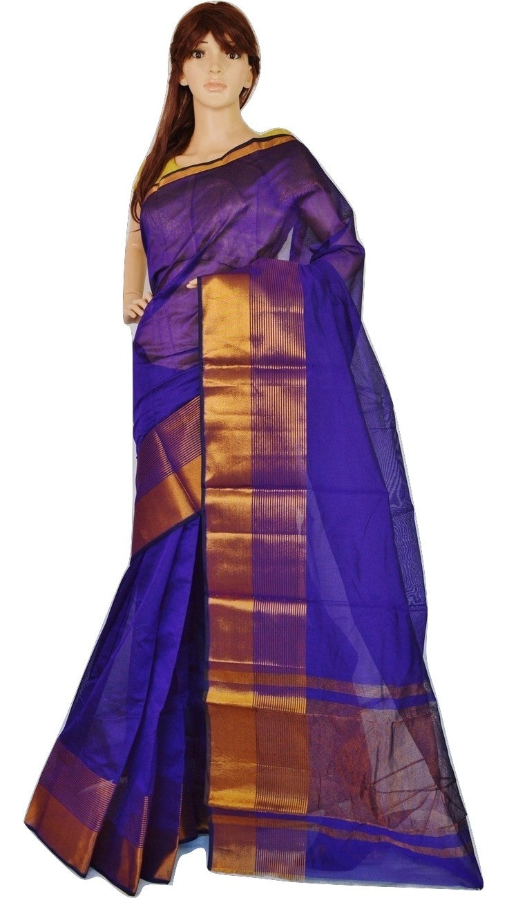 Purple Colour With Big Gold Border Cotton Saree