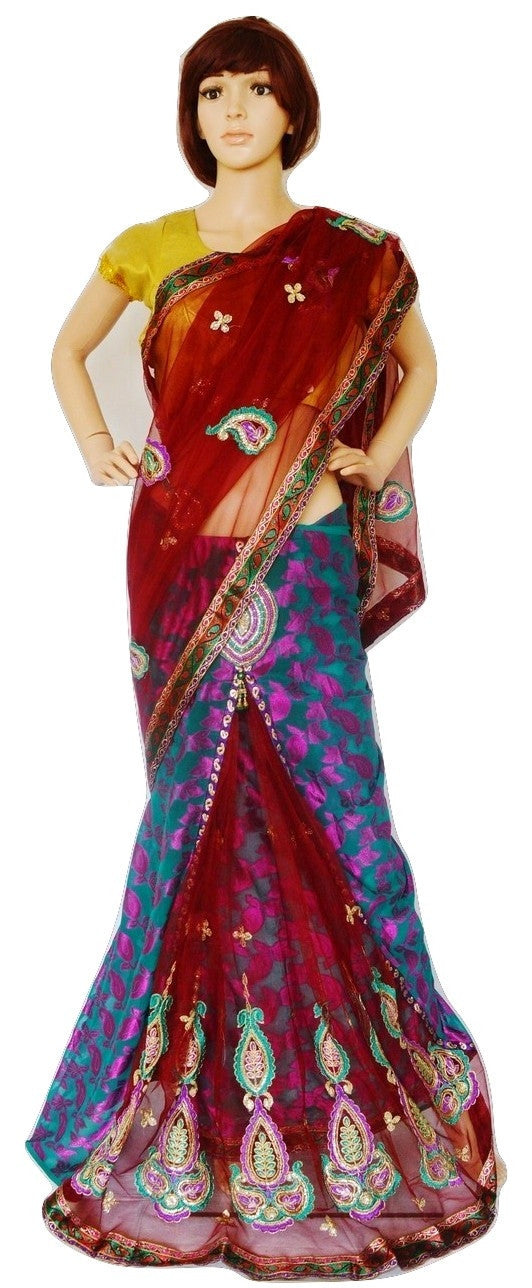 Turquoise & Maroon Colour Ready Made Pleats Saree