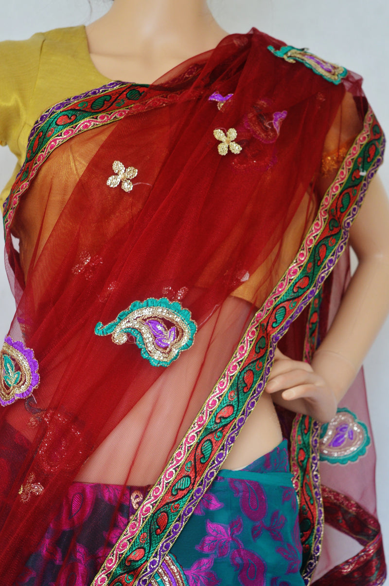 Turquoise & Maroon Colour Ready Made Pleats Saree