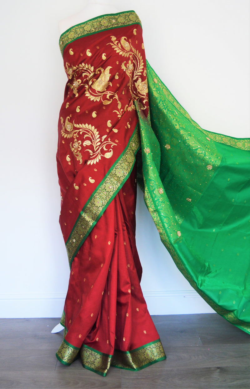 Maroon and Green Banarasi silk saree