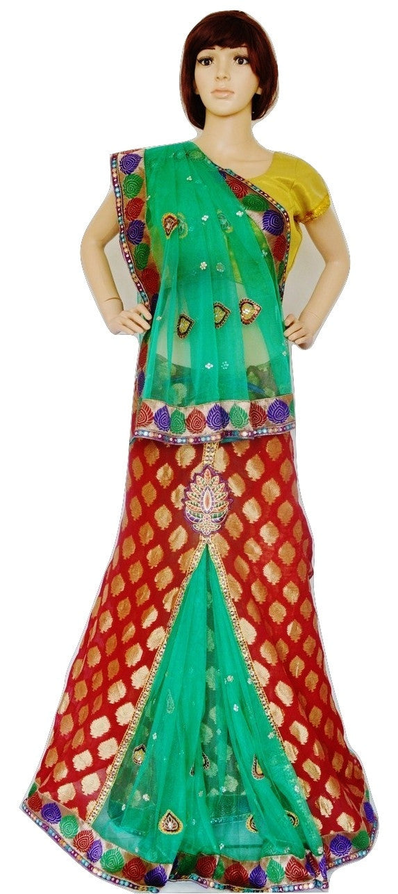 Red & Green Colour Ready Made Pleats Saree