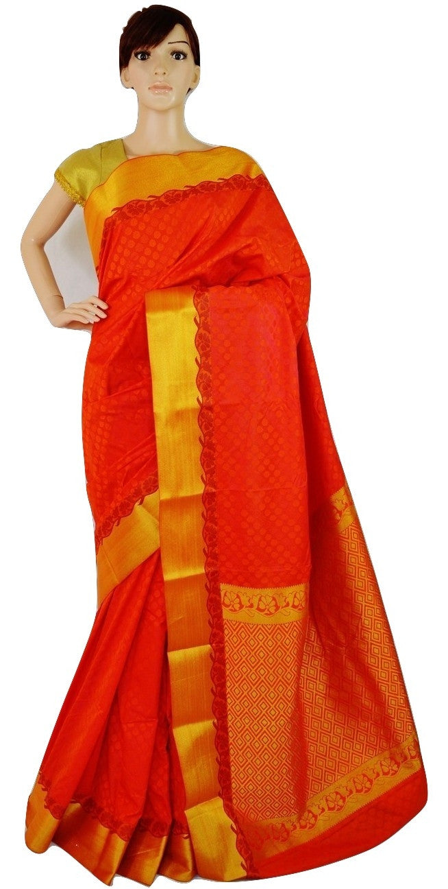 Orangered & Gold Colour Kanchipuram Silk Saree