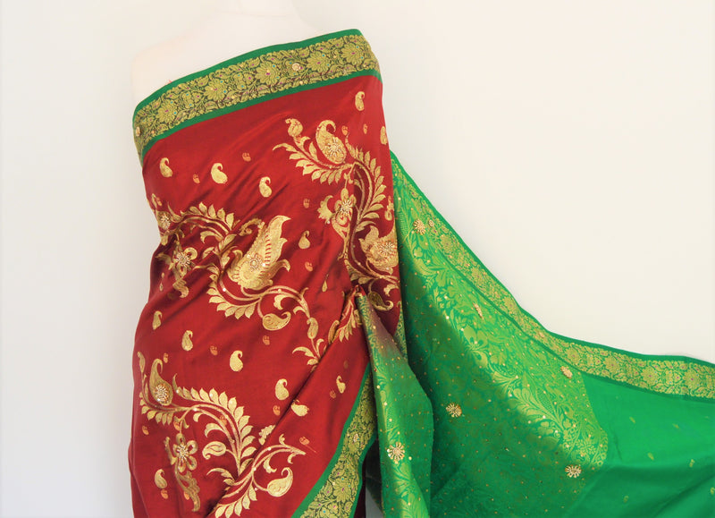 Maroon and Green Banarasi silk saree