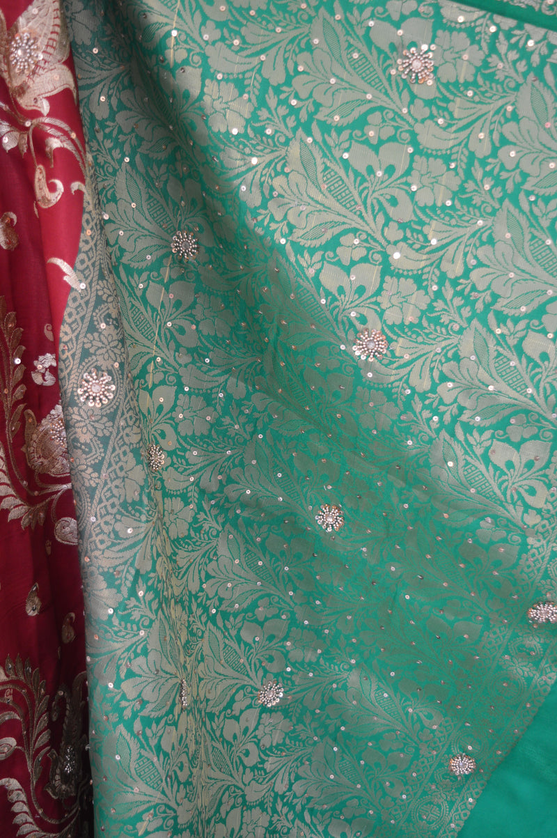 Maroon and Green Banarasi silk saree