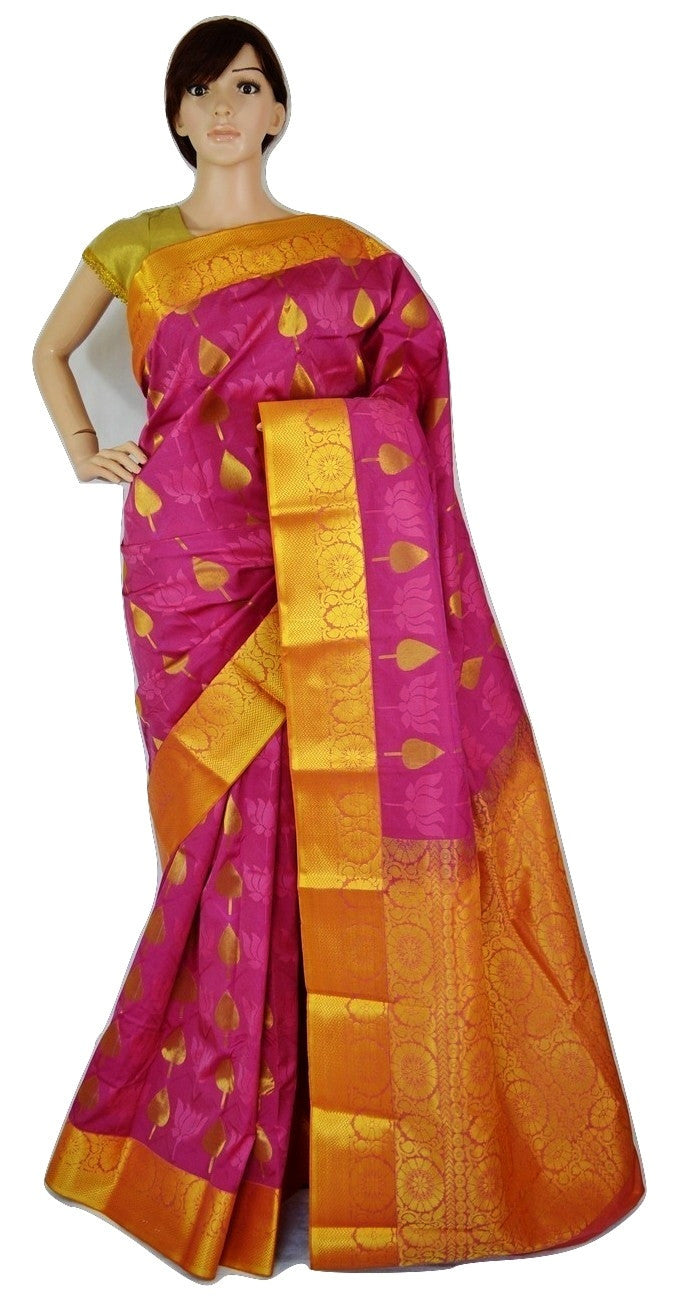 Magenta,Mustard & Gold Colour Kanchipuram Silk Saree