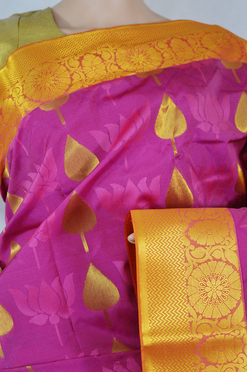 Magenta,Mustard & Gold Colour Kanchipuram Silk Saree