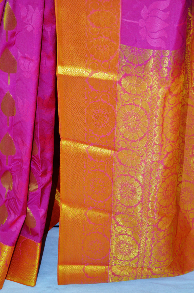 Magenta,Mustard & Gold Colour Kanchipuram Silk Saree