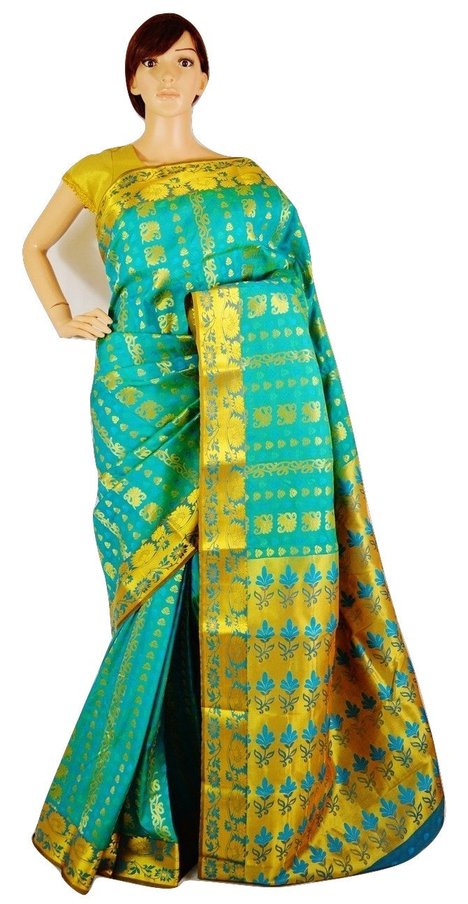 Light Turquoise & Gold Colour Kanchipuram Silk Saree