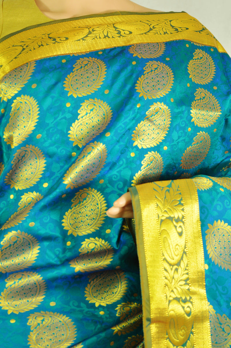 Turquoise & Gold Colour Kanchipuram Silk Saree