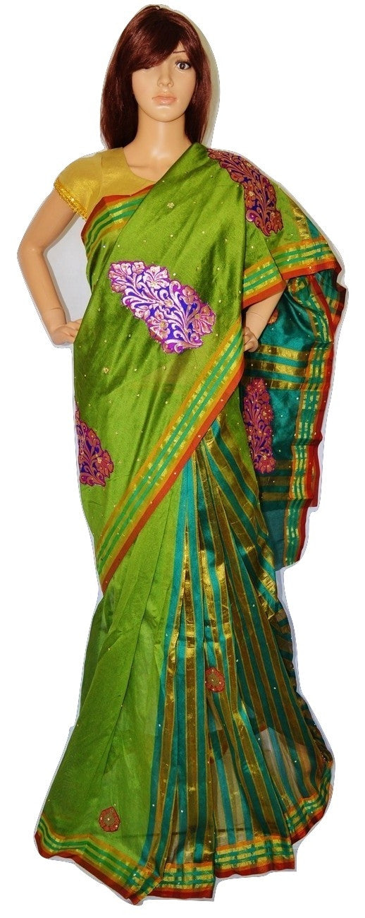 Beautiful Green Cotton Saree With stones And Patch Works