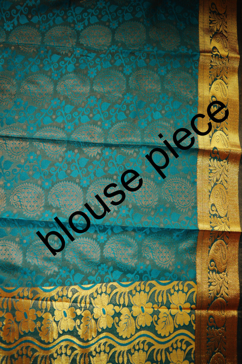 Turquoise & Gold Colour Kanchipuram Silk Saree