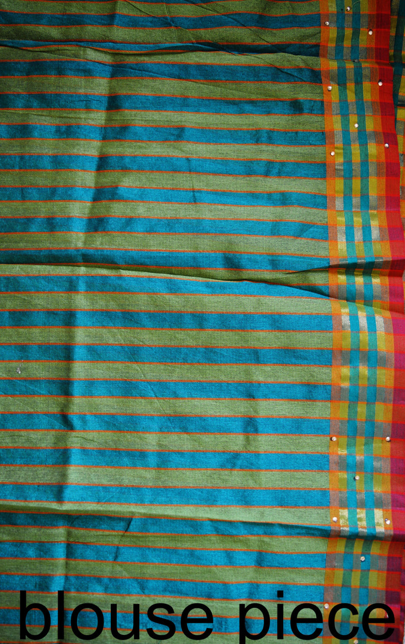 Beautiful Green Cotton Saree With stones And Patch Works