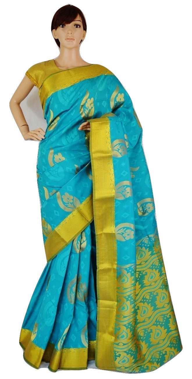 Teal,Green & Gold Colour Kanchipuram Silk Saree