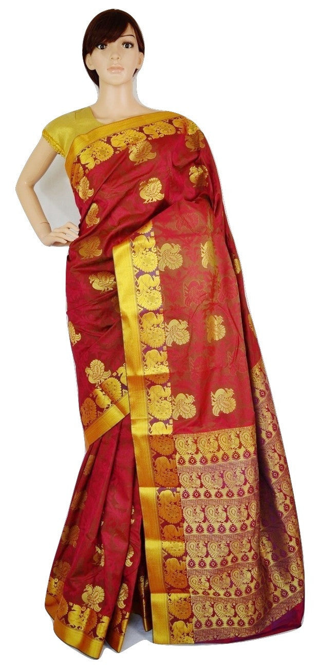 Magenta, Green & Gold Colour Kanchipuram Silk Saree