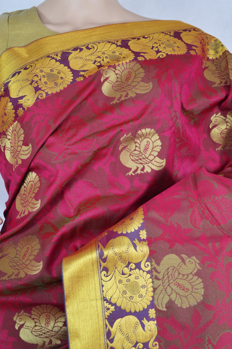 Magenta, Green & Gold Colour Kanchipuram Silk Saree