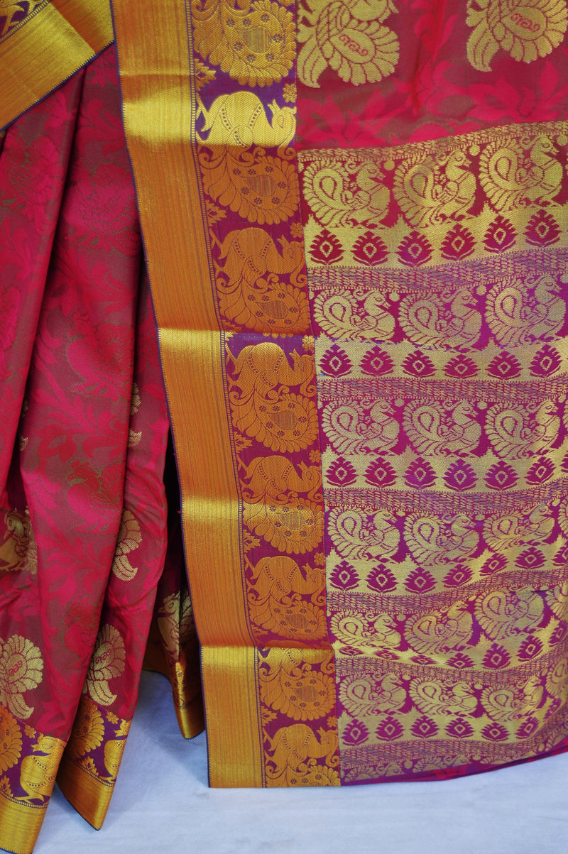 Magenta, Green & Gold Colour Kanchipuram Silk Saree