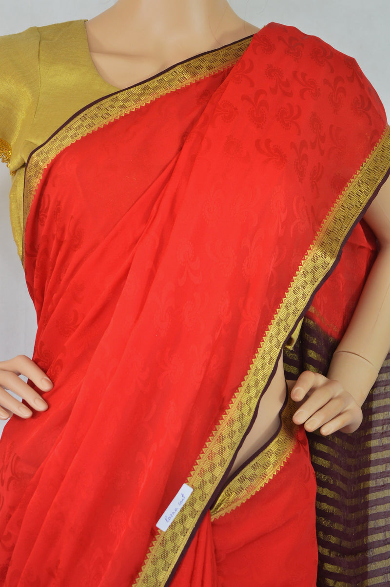 Red,Maroon & Gold Colour Kazmeer Silk Saree