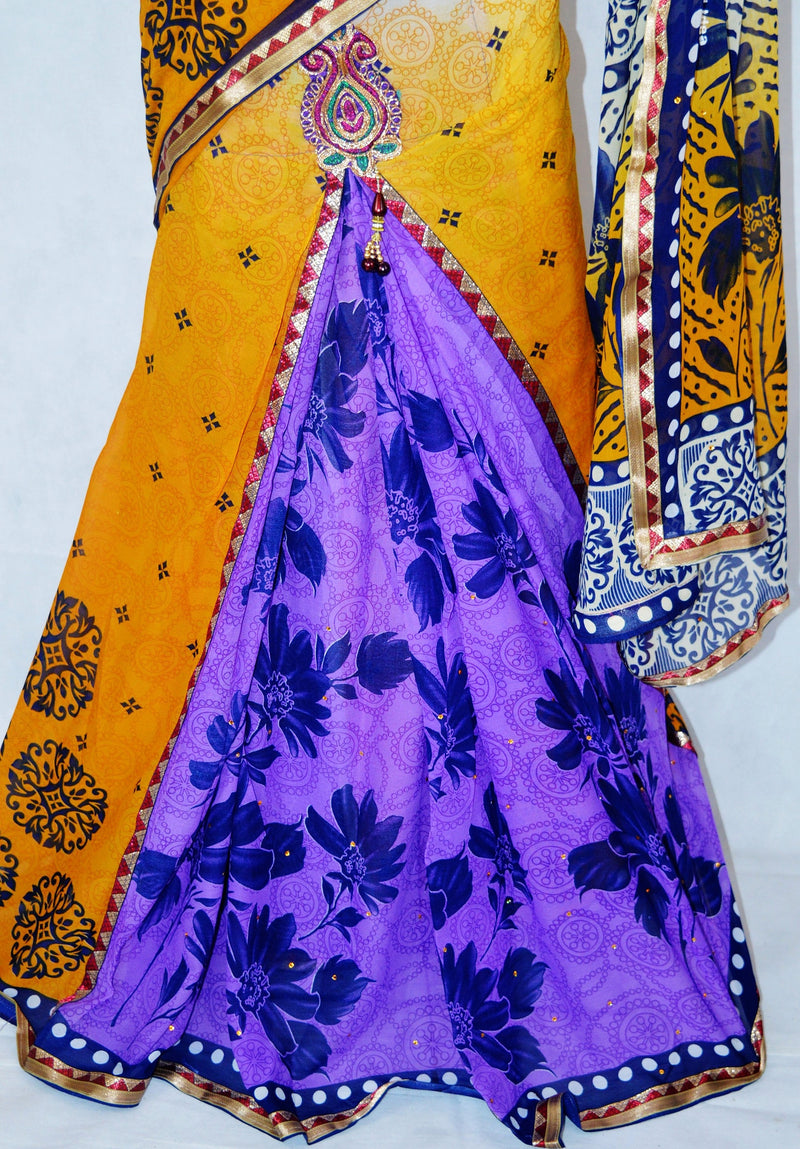 Mustard,Purple &Dark Blue Colour One Minute Saree