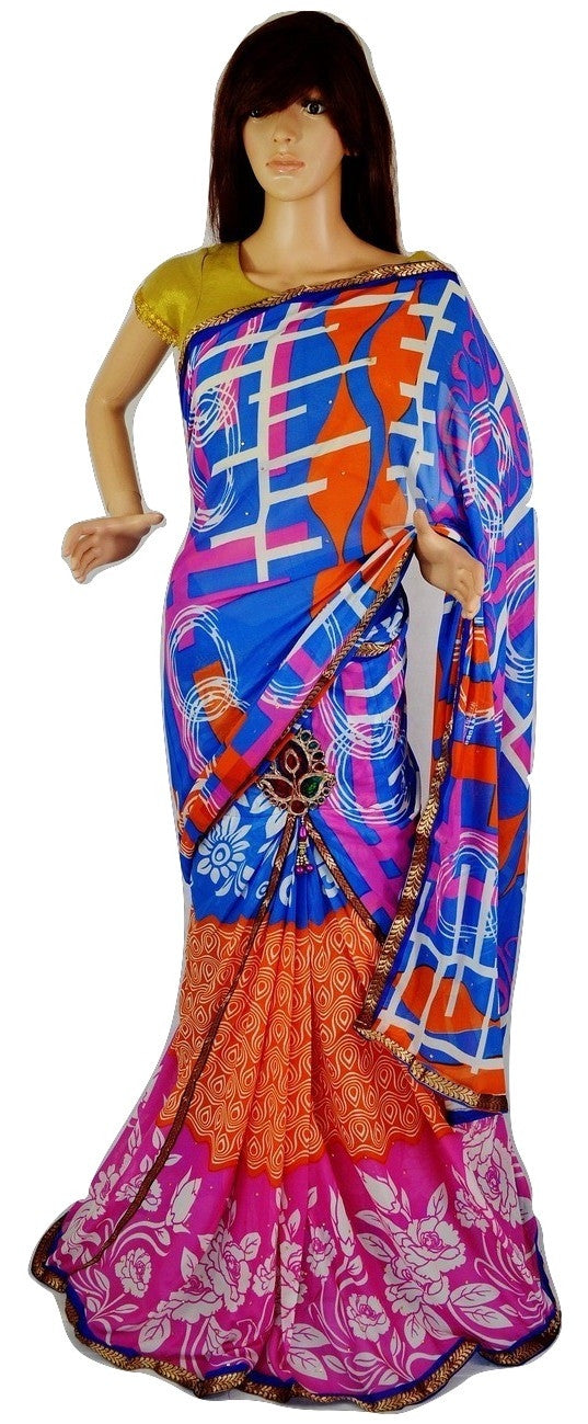 Pink,Blue & Orange Colour One Minute Saree