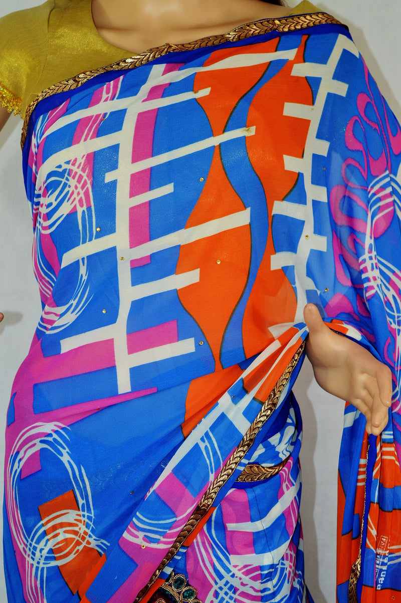 Pink,Blue & Orange Colour One Minute Saree