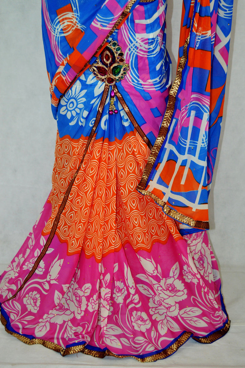 Pink,Blue & Orange Colour One Minute Saree