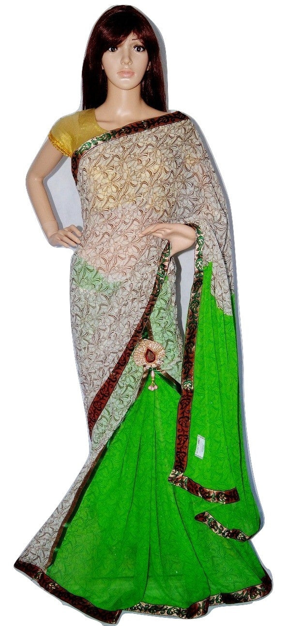 White & Bright Green Party Wear One Minute Saree