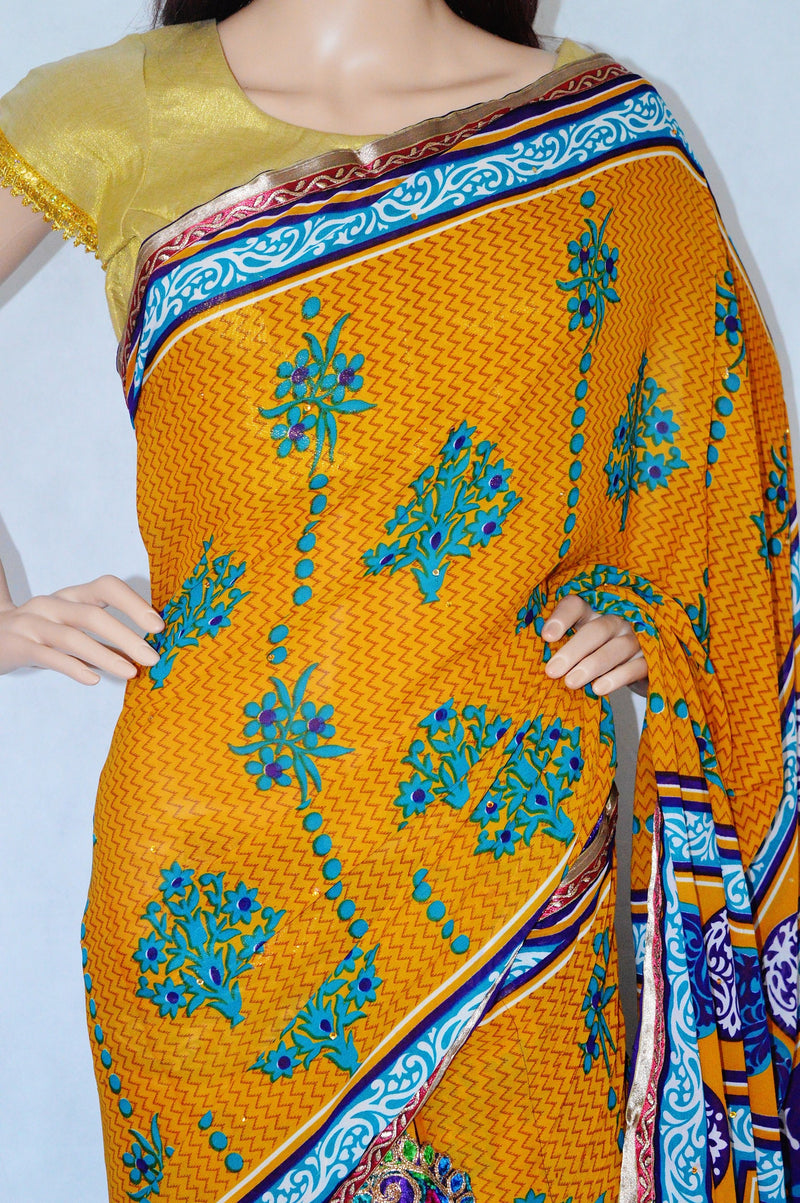 Beautiful Amber Yellow  Colour One Minute Saree