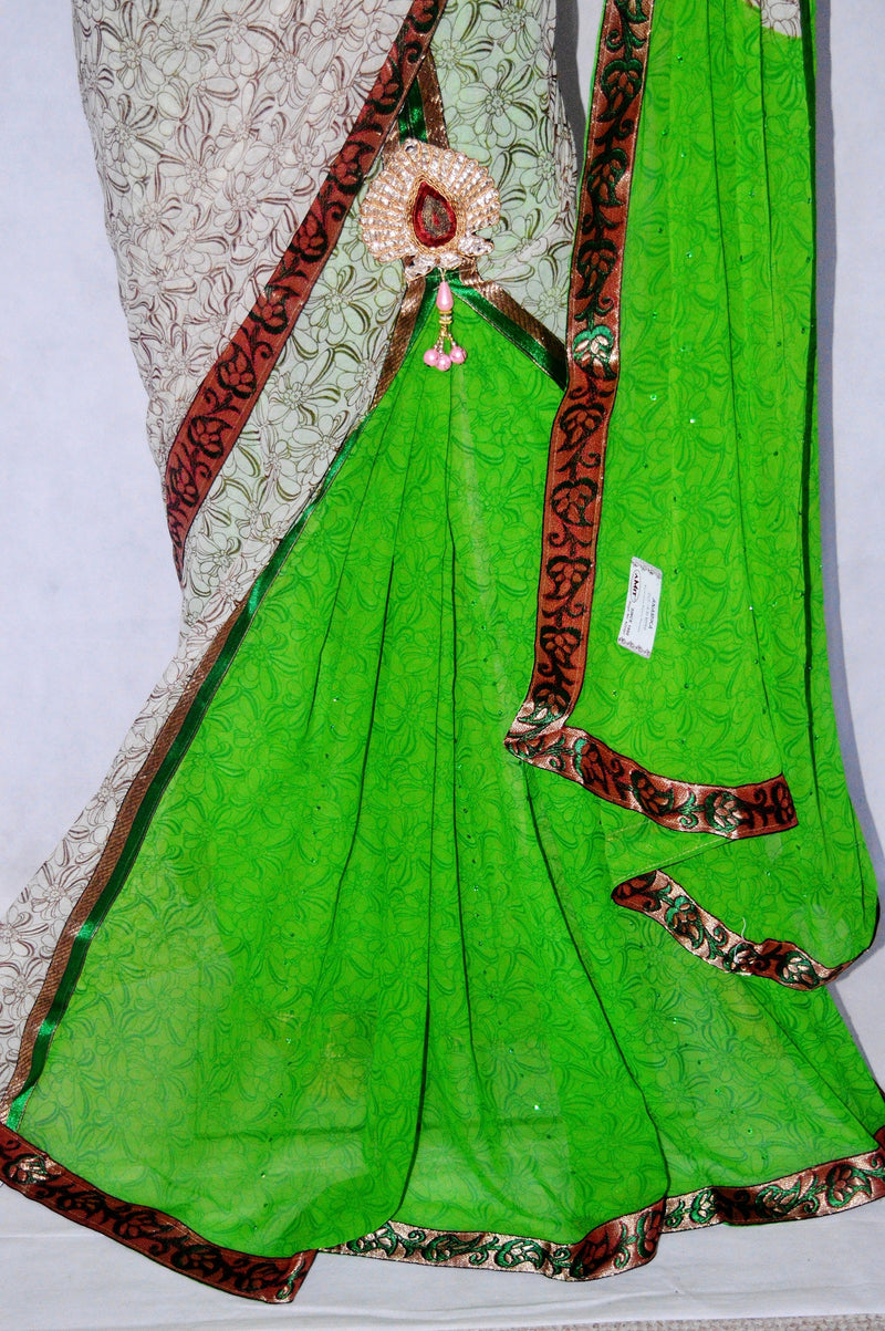 White & Bright Green Party Wear One Minute Saree