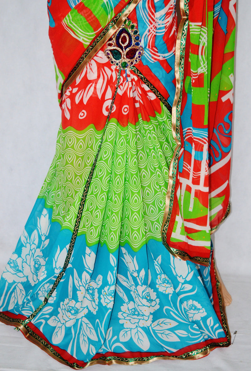 Red,Green & Teal Colour One Minute Saree