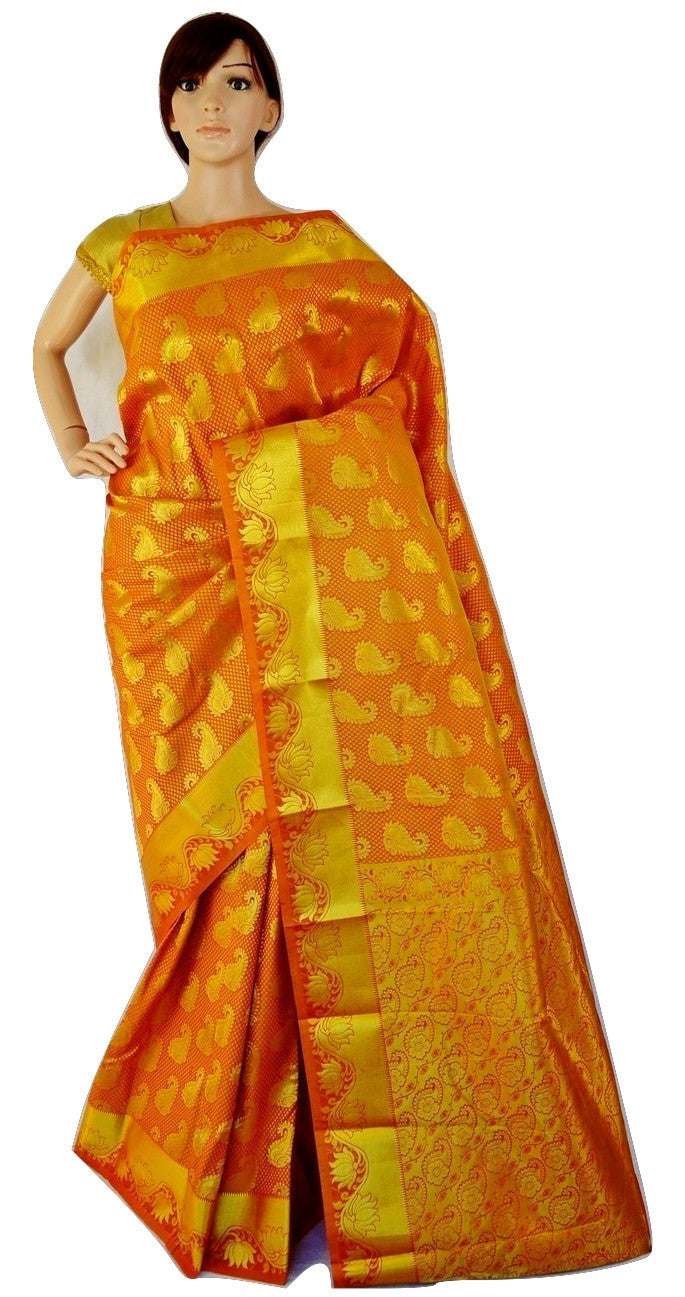 Bridal Wear Orange Colour Kanchipuram Silk Saree