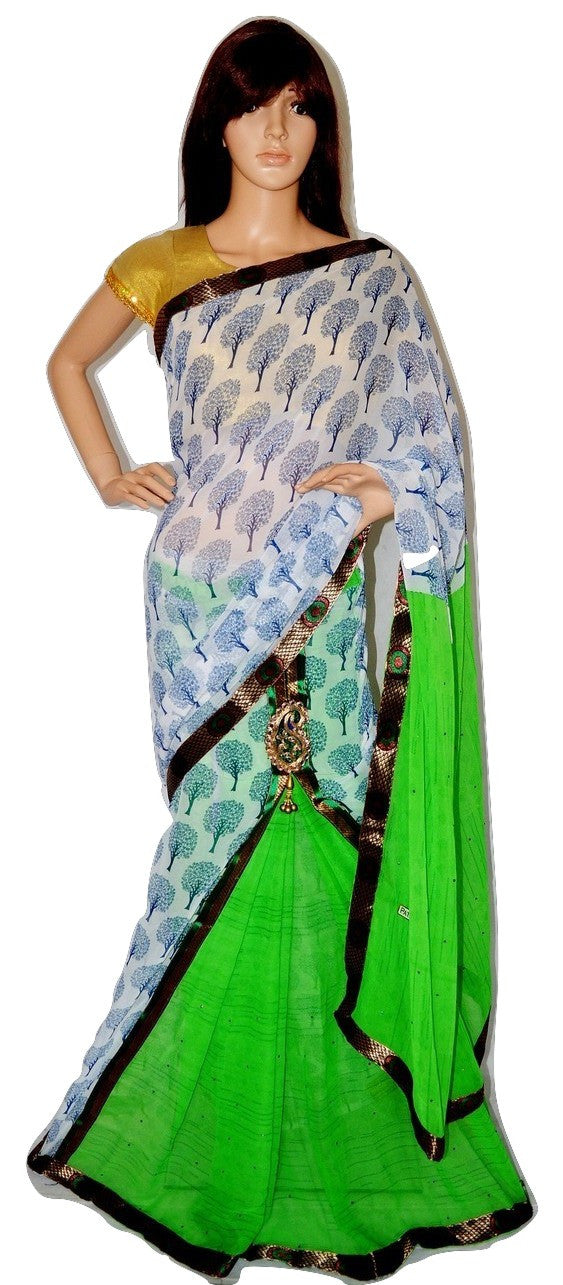 White & Bright Green Party Wear One Minute Saree