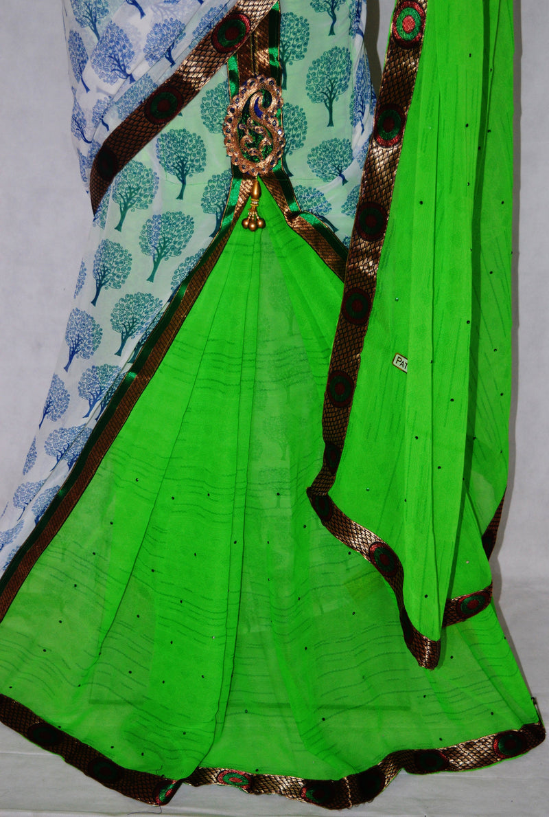 White & Bright Green Party Wear One Minute Saree