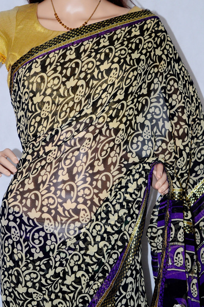 Cream & Purple Colour Sequins Work One Minute Saree