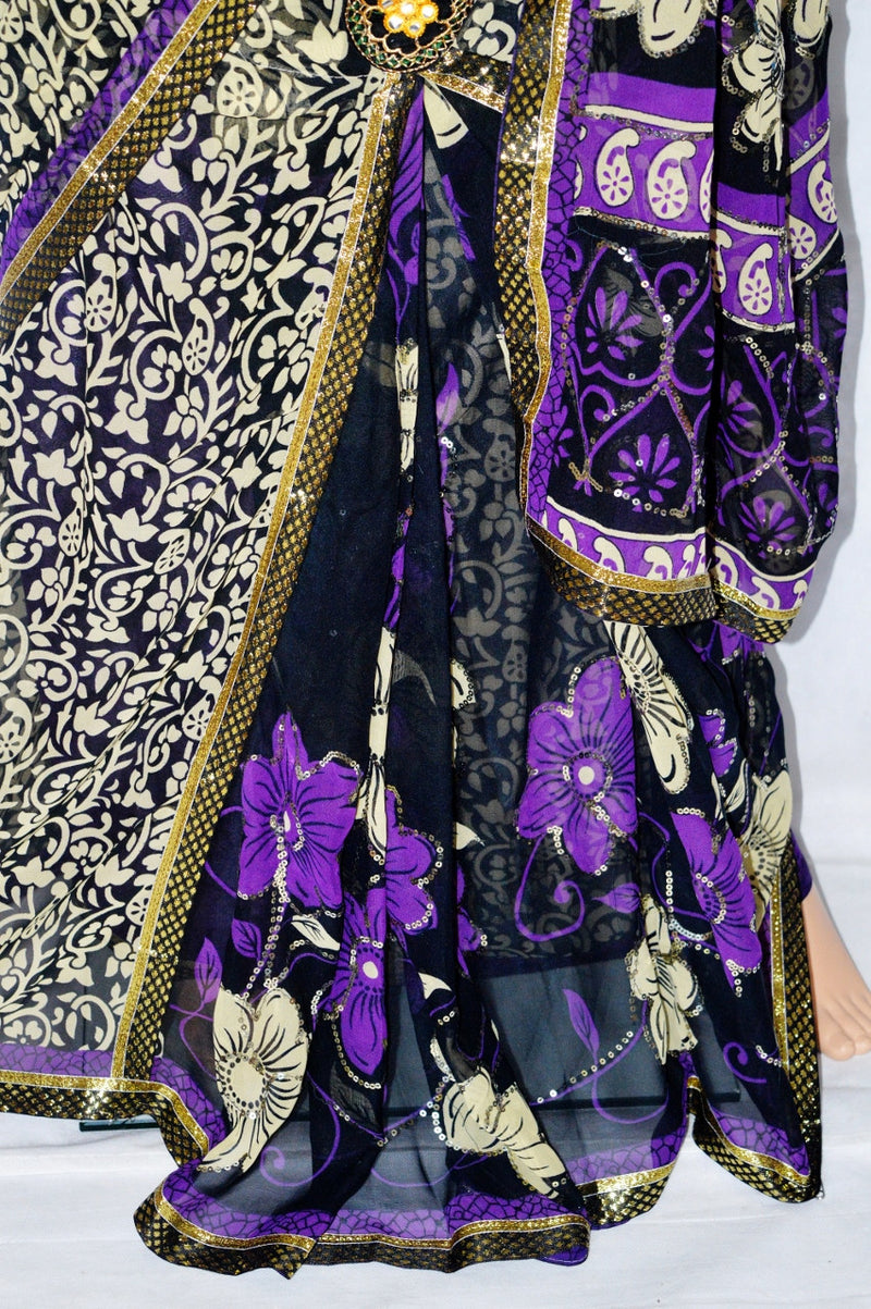 Cream & Purple Colour Sequins Work One Minute Saree
