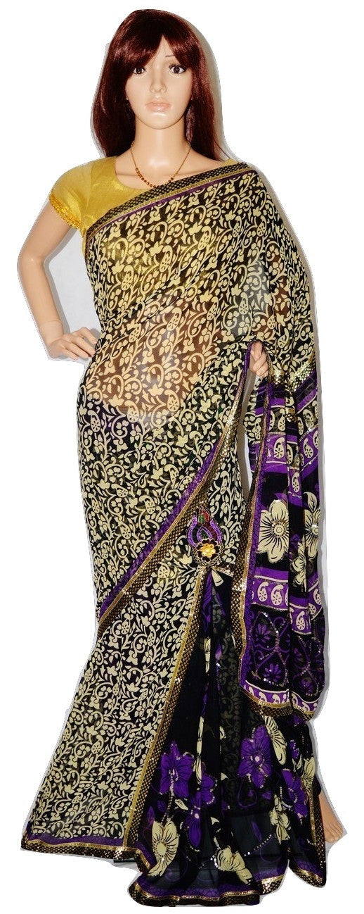 Cream & Purple Colour Sequins Work One Minute Saree