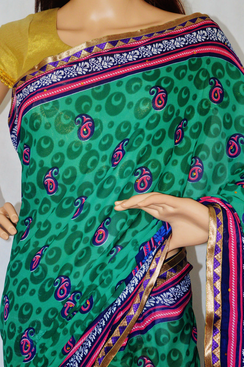 Green,Peach & Blue Colour One Minute Saree