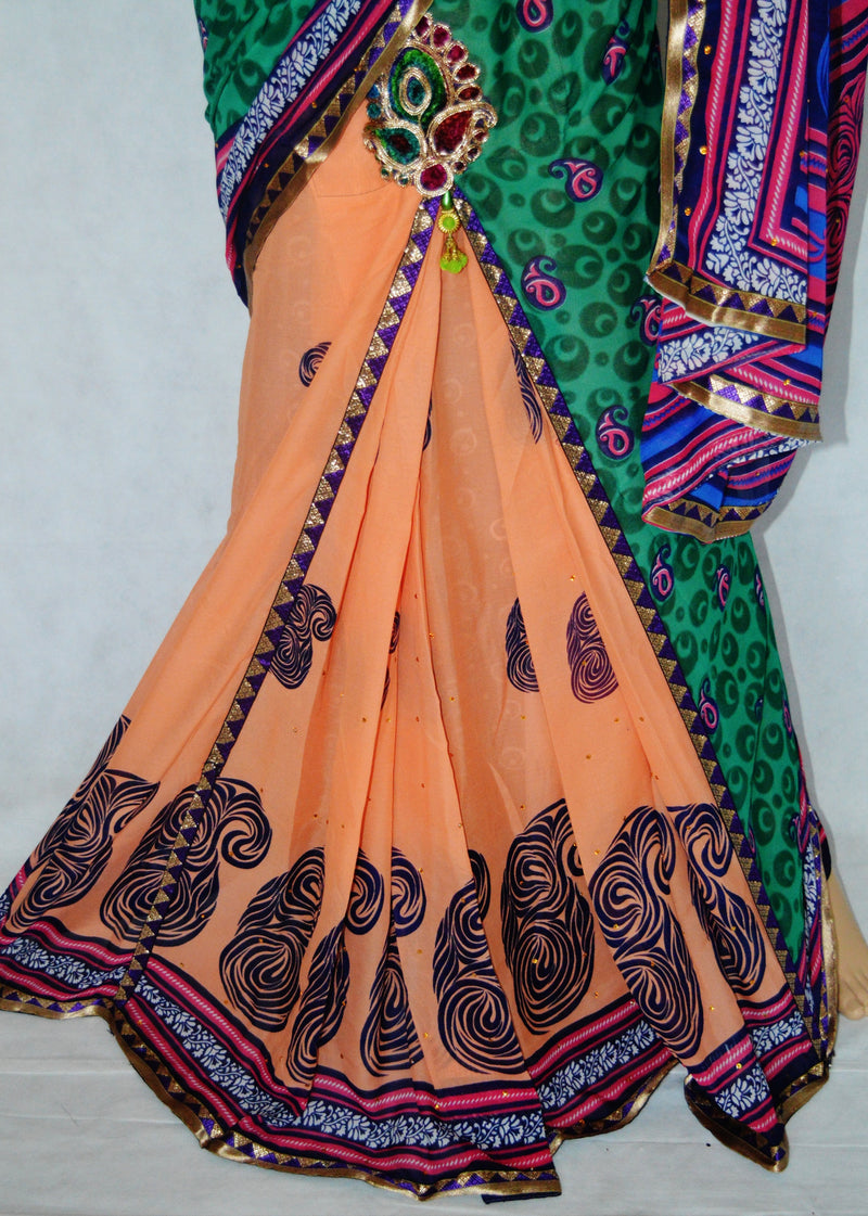 Green,Peach & Blue Colour One Minute Saree