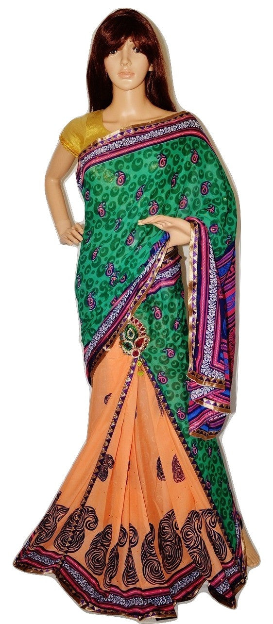 Green,Peach & Blue Colour One Minute Saree