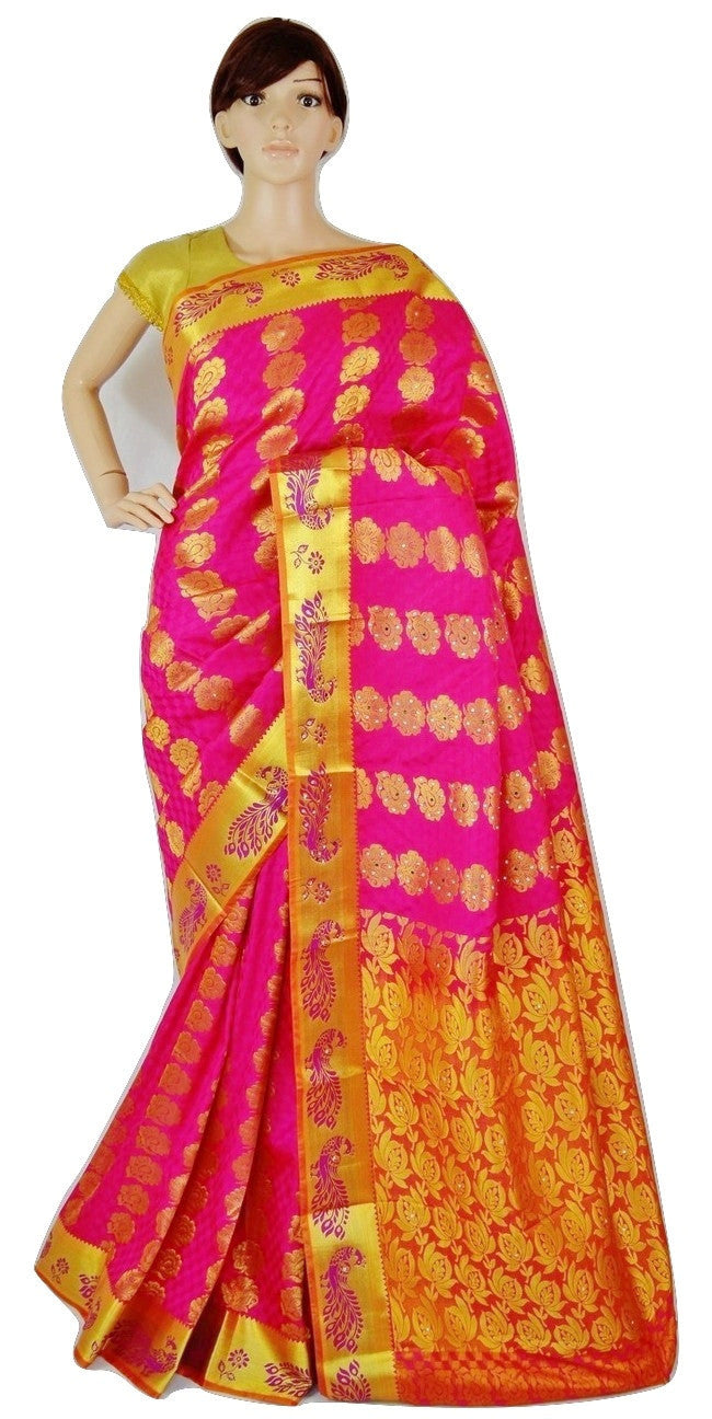 Woven Kanchipuram Silk Saree With Stone Work in Pink