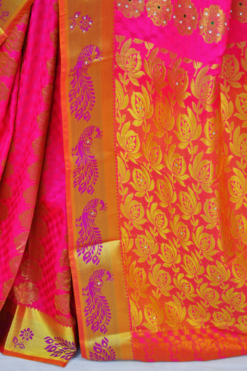 Woven Kanchipuram Silk Saree With Stone Work in Pink