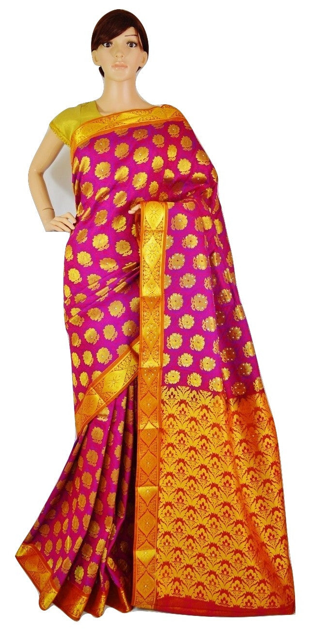 Woven Kanchipuram Silk Saree With Stone Work in Fushcia