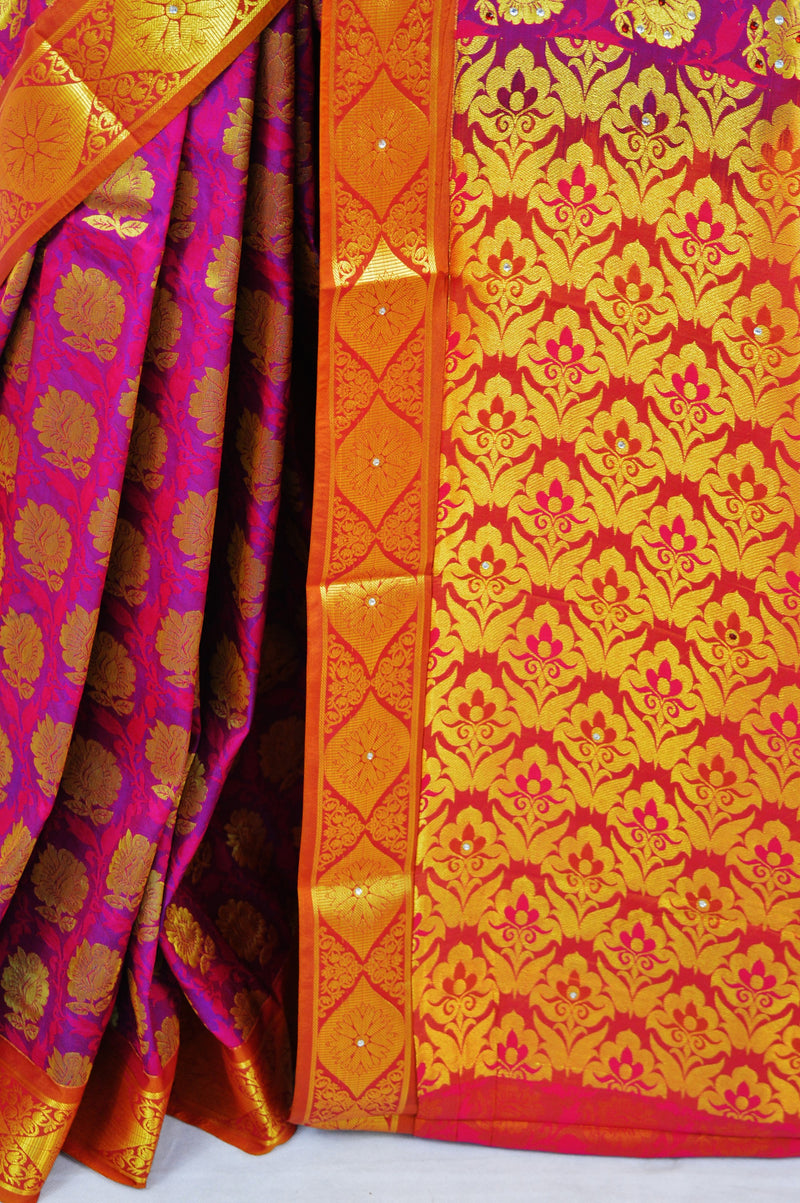 Woven Kanchipuram Silk Saree With Stone Work in Fushcia