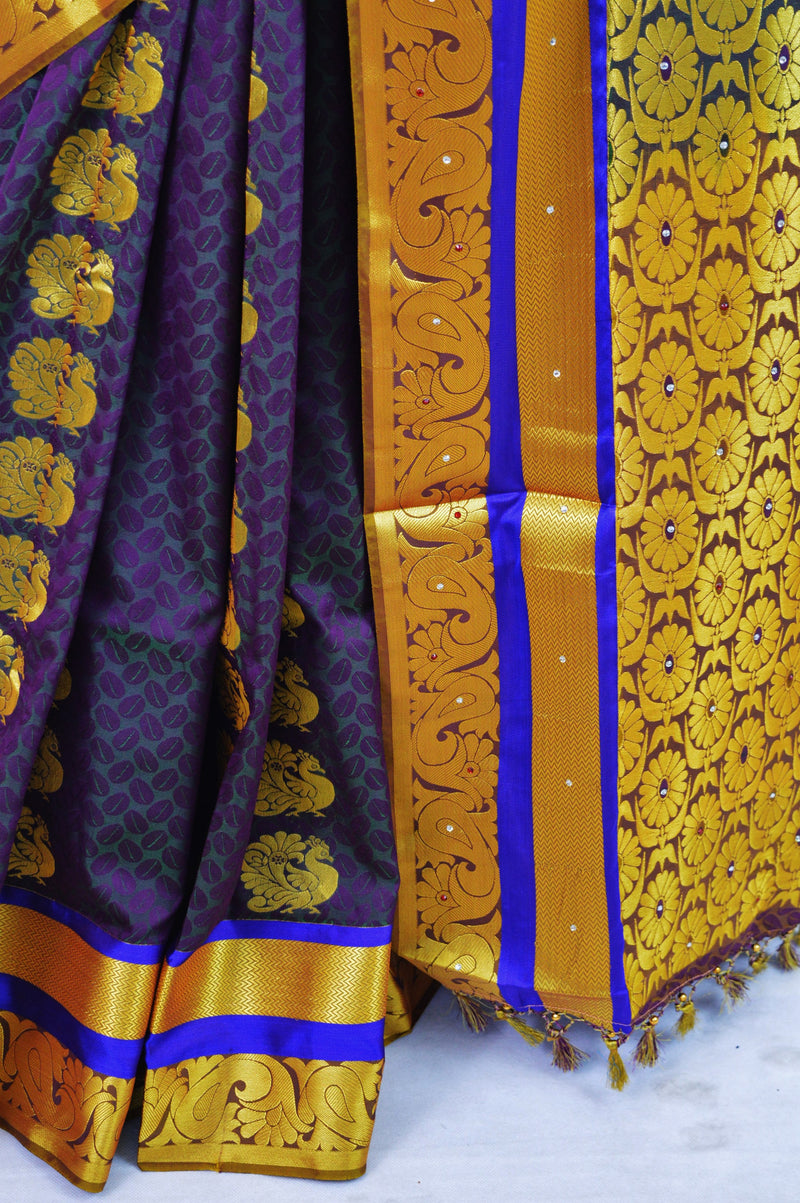 Aubergine Colour Stone Work Woven Kanchipuram Silk Saree