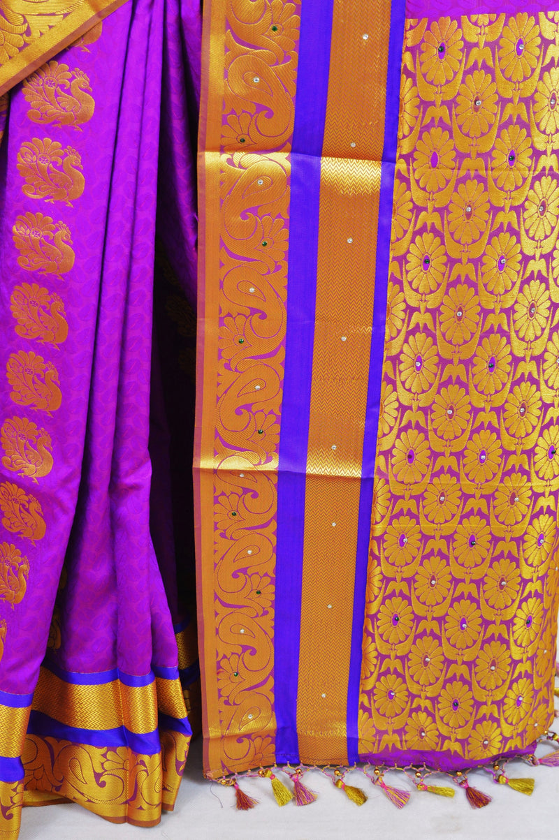 Purple Colour Stone Work Woven Kanchipuram Silk Saree