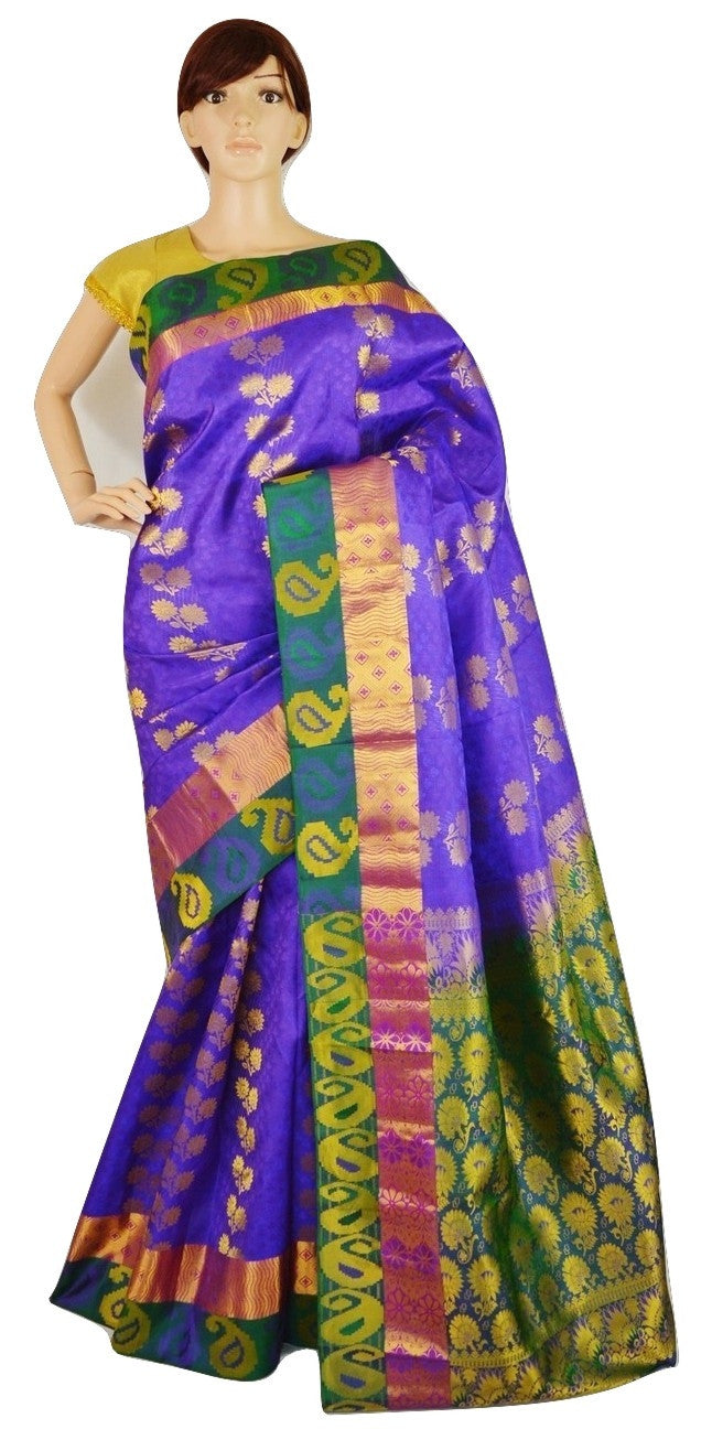 Purple ,Green & Magenta Kanchipuram Pattu Silk  Saree